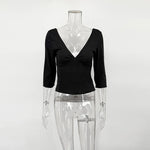 Trendix V Neck Slim Long Sleeve Tops Women 2026 Spring Casual Vintage Bodycon Pullover Top Party Retro Office Basic Backless Top