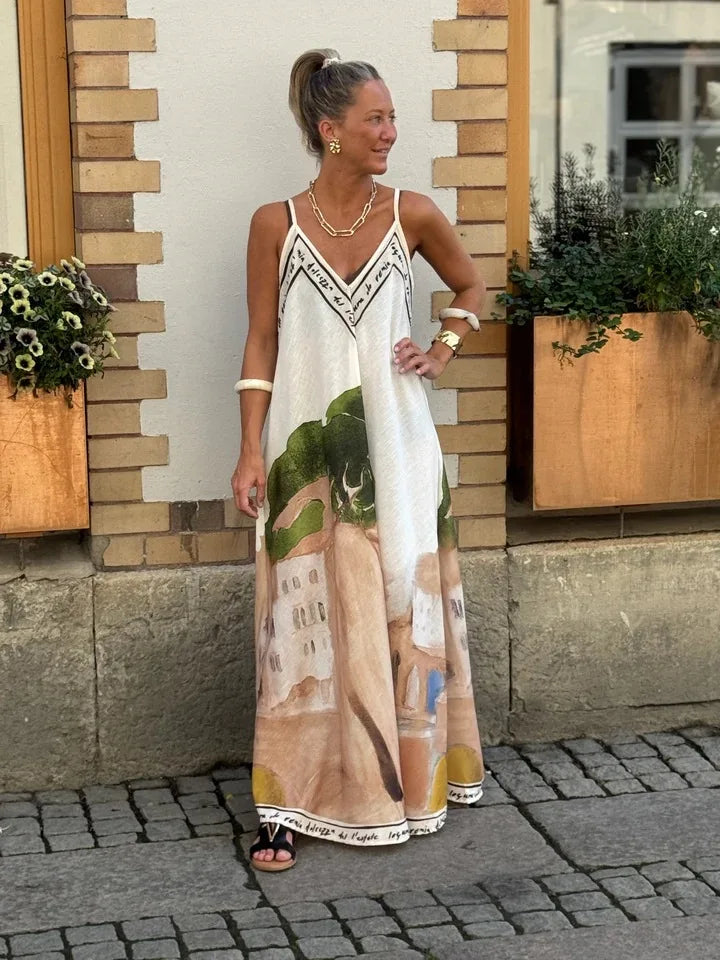 Casual Vacation Style Print Spaghetti Strap long Dresses Women Sexy V-neck Backless Loose Sleeveless Dress Female Summer New