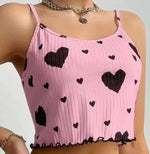 Heart Print Ribbed Frill Trim Pajama Set, Cute Bow Notched Neck Cross Strappy Backless Crop Cami Top & Elastic Shorts, Women's