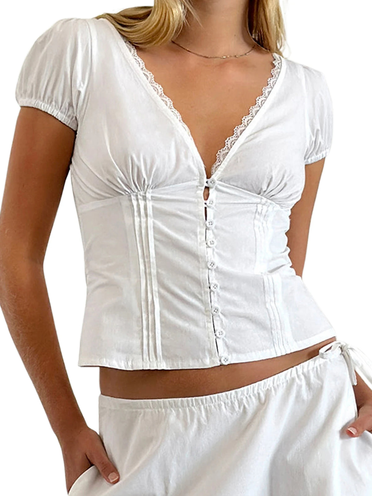 Women's Summer Solid Color Casual Shirt Short Sleeve Deep V Neck Lace Trim Buton Up Party Sweet Crop Tops