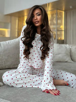 Women's Chic Heart Print Pajama Set 2Pcs Pjs Long-Sleeve Crop Top And Pants Frill Trim Details Cozy Sleepwear Casual Nightwear