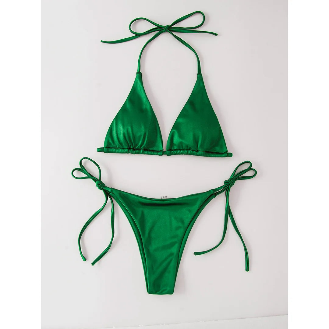 Sexy Satin Halter Brazilian Padded Bikini Female Swimsuit Women Swimwear Two-Pieces Bikini Set Bather Bathing Suit Swim V4966S