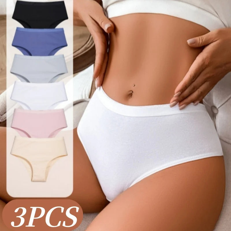 3Pcs/Set Women Cotton Panties High Waist Soft Stretch Briefs Female Underpants Solid Color Comfort Underwear Sexy Lingerie S-L