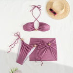 DEKA Women 3 Pieces Cross Halter Bandage Bikinis Set Skirt Swimwear High Waist Drawstring Swimsuit Summer Biquini