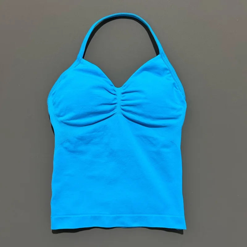 HISTELLO GYM Longline Strappy Top Women Seamless Yoga Clothing With Removable Pads V Neck Open Back Bra Workout Sports Halter