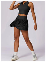 Outdoor Breathable Golf Wear Tennis Sport Sets Women Turn Down Collar Sleeveless Top Short 2 in 1 Skirt Running Fitness Set