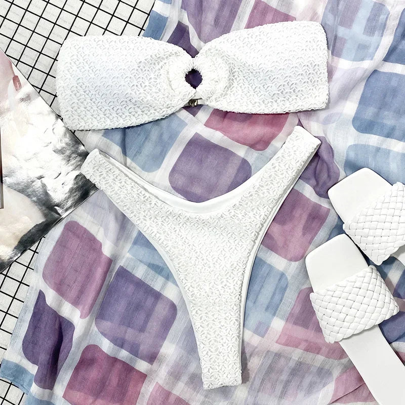 Wrinkled Fishnet Strapless Bandeau Bikini Women Swimsuit Female Swimwear Two-pieces Bikini set High Cut Bather Bathing Suit Swim