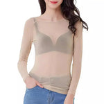 Women Mesh Bottoming Shirt See through O Neck Long Sleeve Lady Blouse Slim Fit Sexy Clear Sun Gauze Tops