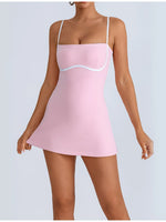 Women's Tennis Dress Summer Sleeveless Pink Contrast Workout Yoga Dresses Build in Shorts Fashion Tight Fitting Skirts Suit