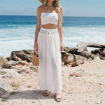 S - XL Bandeau Crochet Knitted 2 Pieces Suits Tunic Beach Cover Up Cover-ups Beach Dress Beach Wear Beachwear Female Women V8218