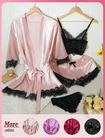 4Pcs Women Satin Pajama Set Robe Lace Lingerie Sexy Silk Nightwear Sleepwear Soft Satin Nightgown Pyjamas Nightdress Nighty Robe
