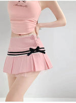 Striped Contrasting Color Bow Lace Splicing Pleated Skirt Women 2026 Summer American Style Low WaistA-line Short Skirt UBFK