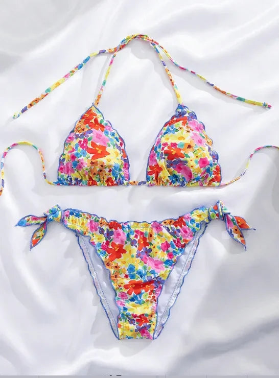 Women Cute Bikini Set 2025 New Summer Orange Floral Print Halter Ruffles Push Up Tie Side Thong Swimsuit Bathing Suit