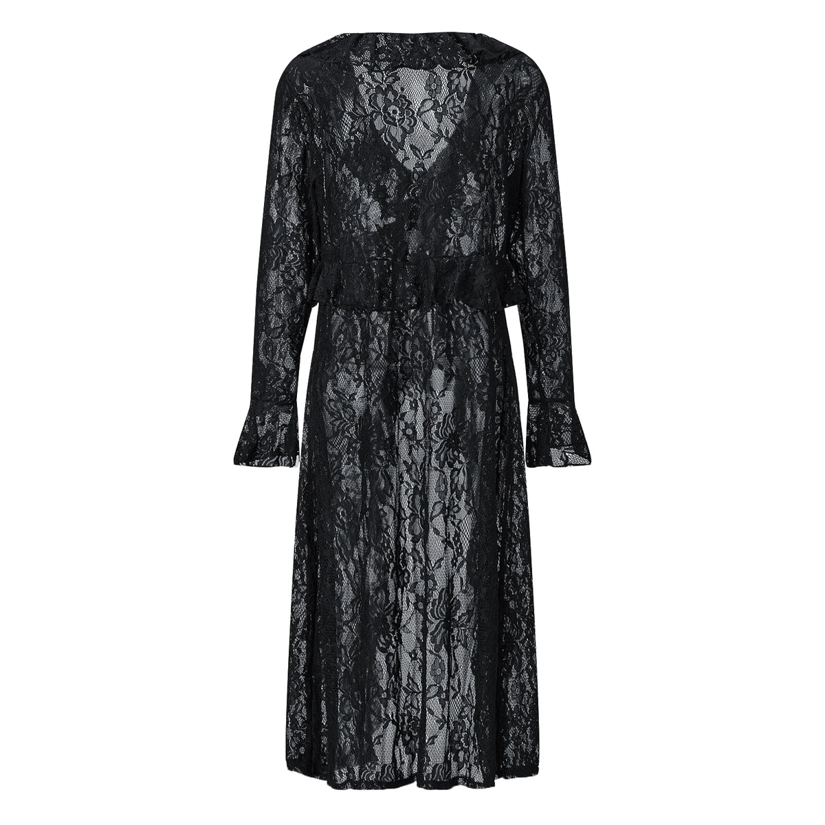 Women Casual Lightweight Floral Lace Ruffles Cover-ups Long Duster Summer Solid Color Tie Front Cardigan