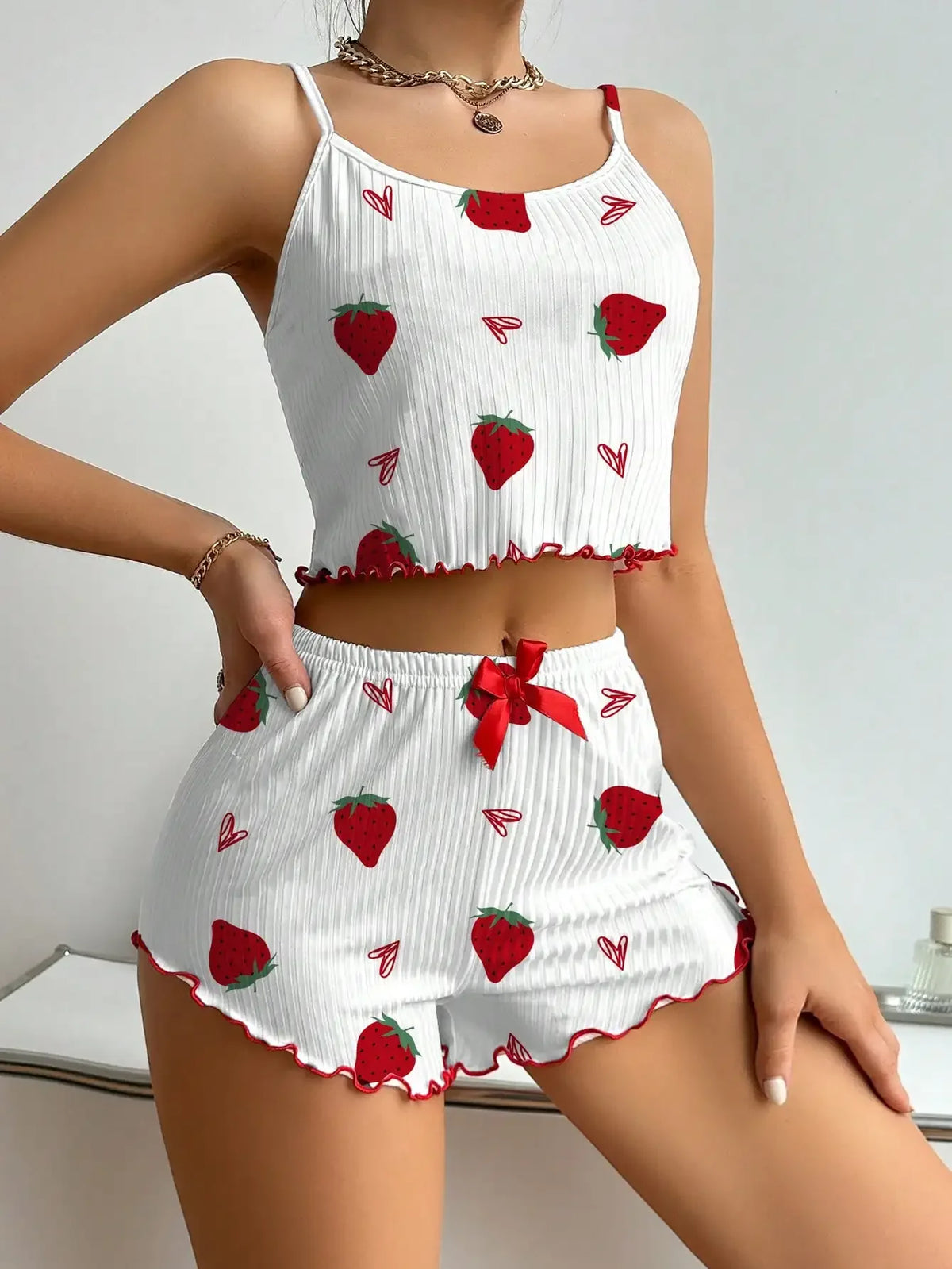 Summer Sleepwear Women's Camisole Strawberry Printing Casual Vest Tops and Shorts2 Pieces Pajamas Set Loungewear