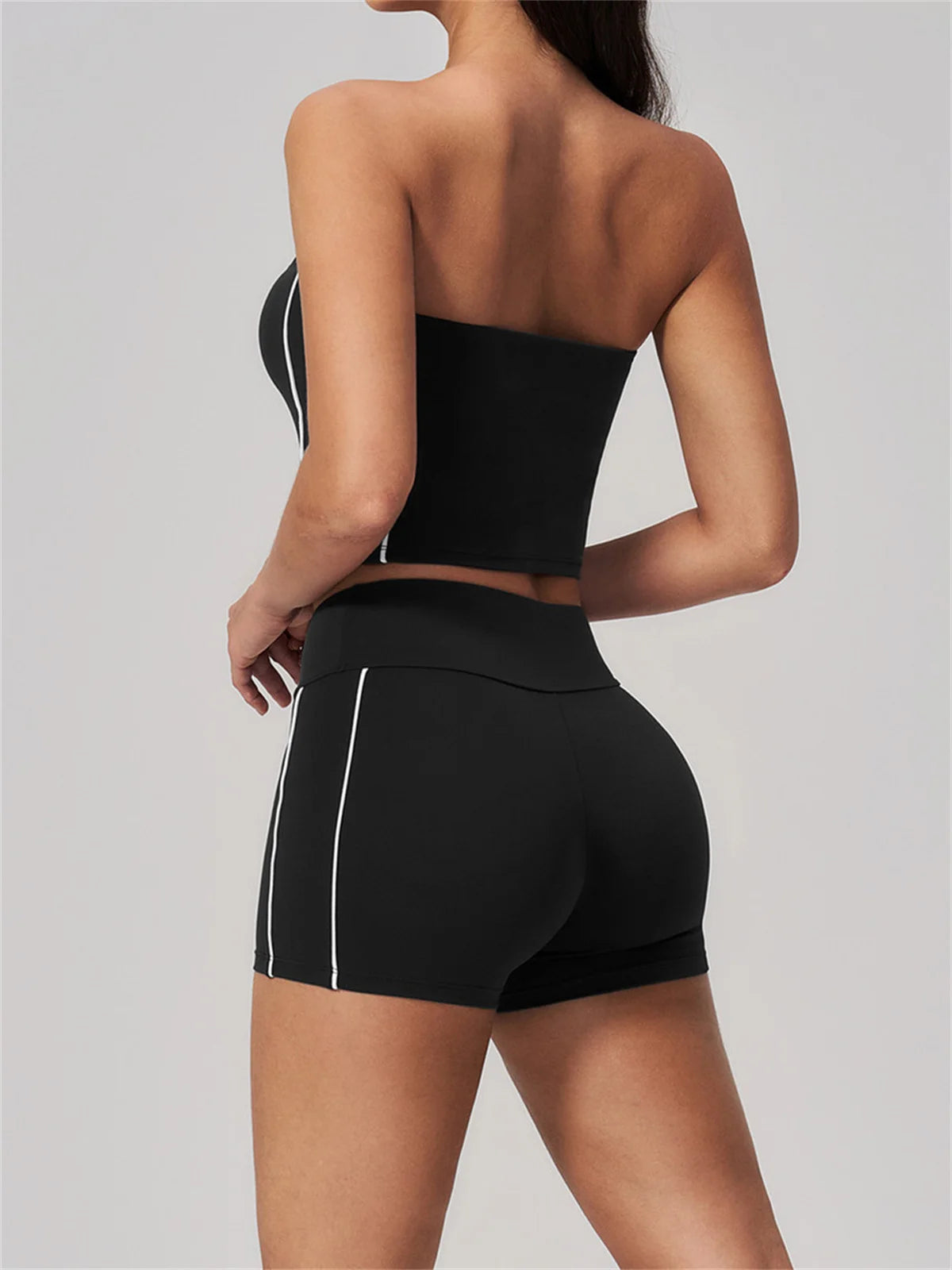 Summer Tight Yoga Suit Women Color Contrast Strapless Slim Sports Tank Top Shorts Fitness Suit Gym Running Workout Tracksuit