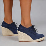 2026 Big Size 43 Vintage Brown Black Pointy Toe Lace-up High Heels Espadrilles Pumps Comfy Walk Office Lady Wedges Shoes Women