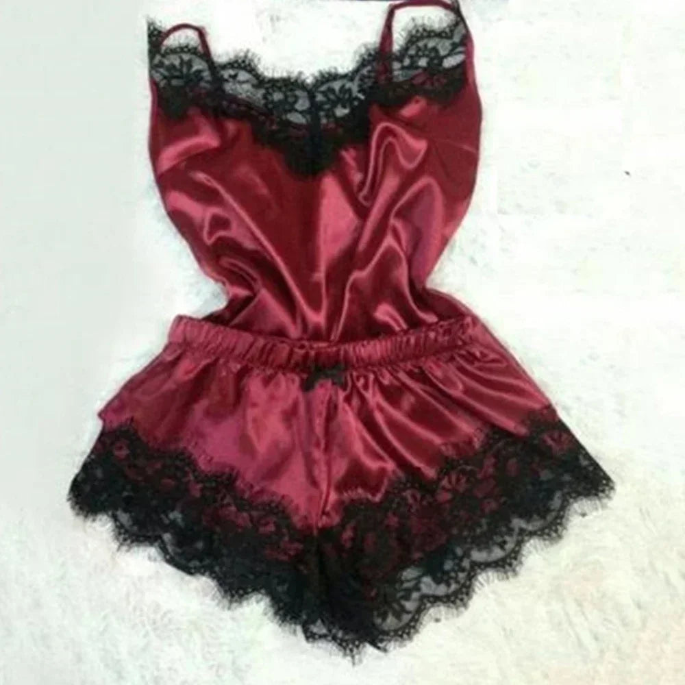 Summer Lace Silk Pajama Set for Women Sexy Sleepwear Lingerie 2 Pieces Cami Top and Shorts Sets Comfortable Casual Lounge