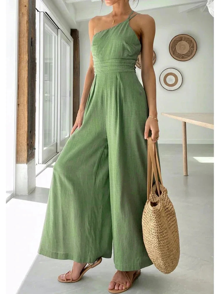 Foridol Waist Folds Backless Double Strap Casual Wide Leg Jumpsuit Long Pants Green 2025 New Female LooseJumpsuit
