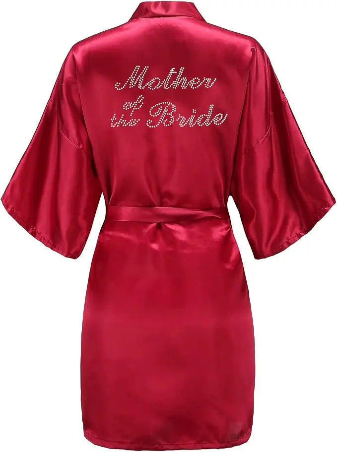 Women's Satin Kimono Robes with Rhinestones Bride Bridesmaid Short Getting Ready Wedding Dressing Gown