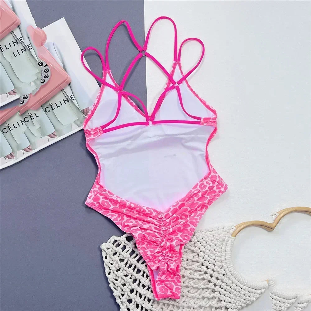 Leopard Print Backless Sexy Swimsuit Women One Piece Swimwear Back String Cross Bather High Cut Monokini Bathing Swimming Suit