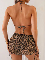Sexy 3 Pieces Suit Swimwear Women Leopard Print Micro Bikini Set+Gauze Skirt Cover Up Beachwear Backless Lace-up Bathing Suits