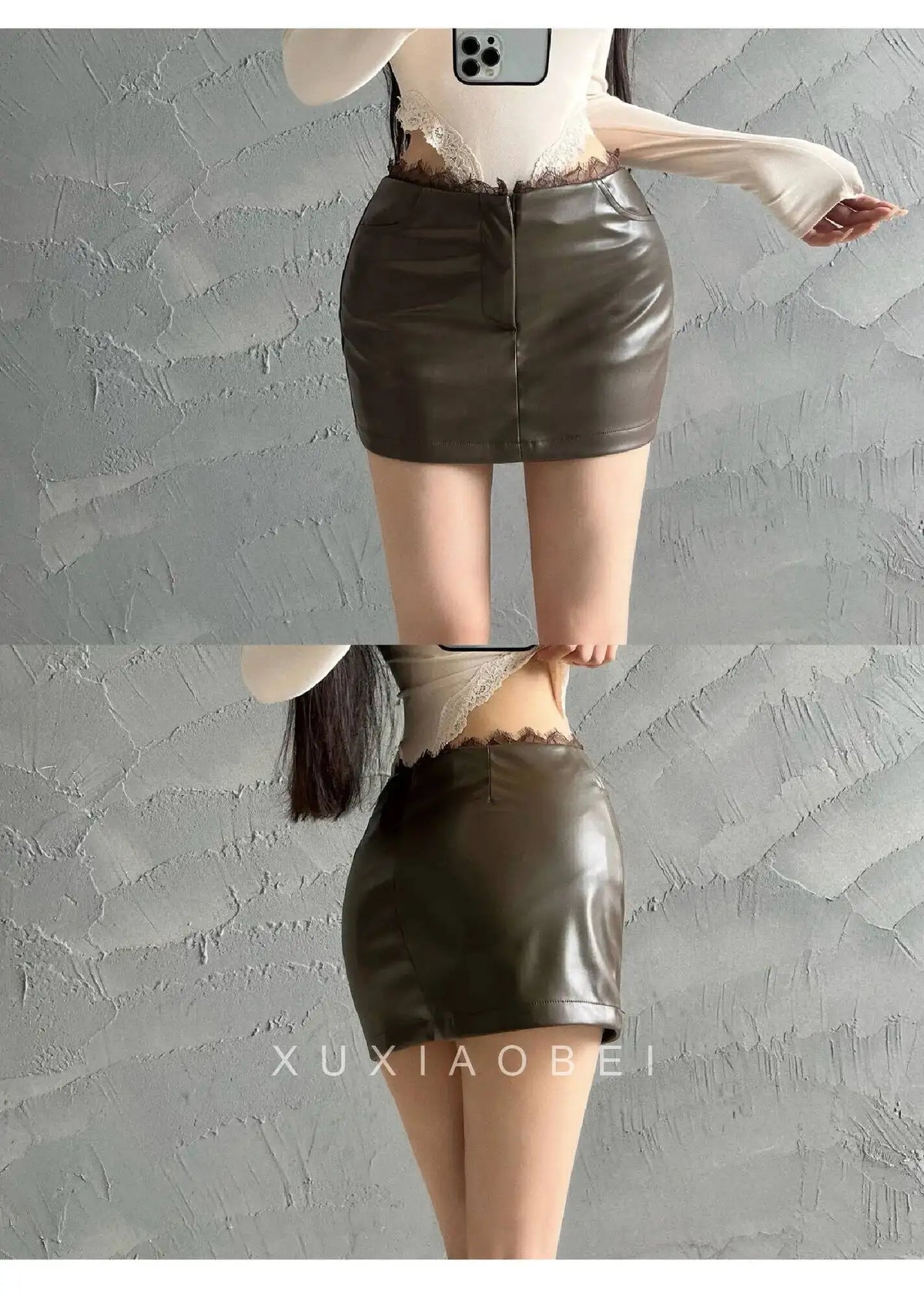 Lace Splicing Sexy Spicy Girl PU Leather Skirt Female Autumn Short Skirt Fashion Sexy Skirts Mini Sweet Fashion Women TT2P