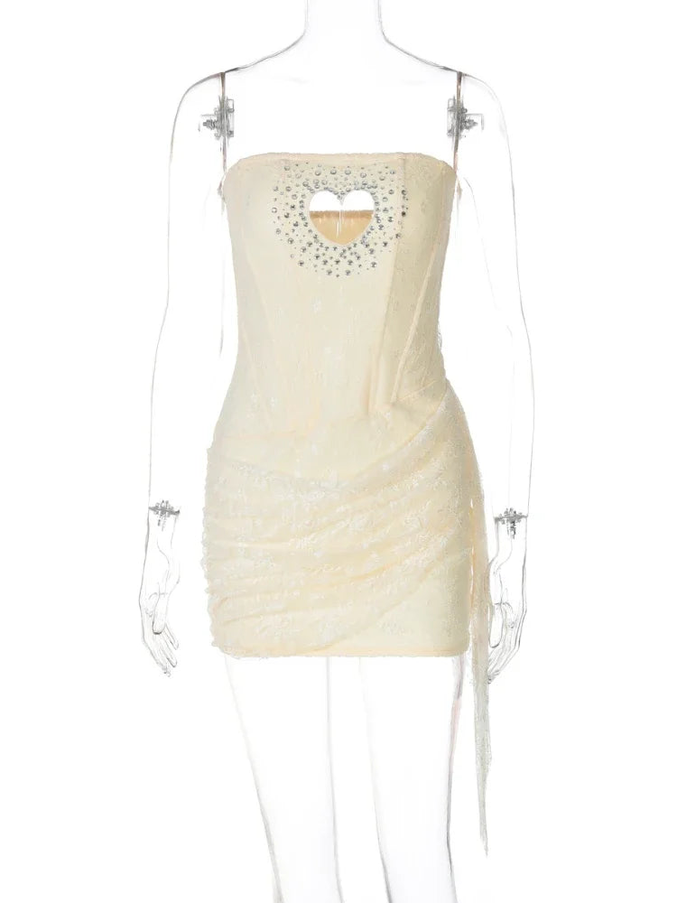 Women's Loving Heart Cut Out Wrap Dresses 2026 Summer Strapless Off Shoulder Rhinestones Party Club Dress Bandage Mini Gowns