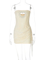 Women's Loving Heart Cut Out Wrap Dresses 2026 Summer Strapless Off Shoulder Rhinestones Party Club Dress Bandage Mini Gowns