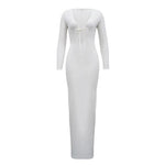 Trendy Solid Color Slim Long Dresses Women Sexy Deep V-neck Hollow Out Leace-up Package Hip Bodycon Party Dress Female Vestidos