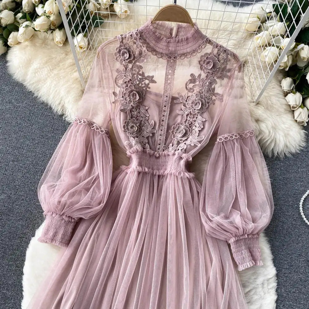 2 Pcs/Set Women Dress Suit Floral Embroidery See-through Lace Lantern Sleeves Pleated A-line Elastic Waist Dress Slip Dress Suit