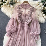 2 Pcs/Set Women Dress Suit Floral Embroidery See-through Lace Lantern Sleeves Pleated A-line Elastic Waist Dress Slip Dress Suit