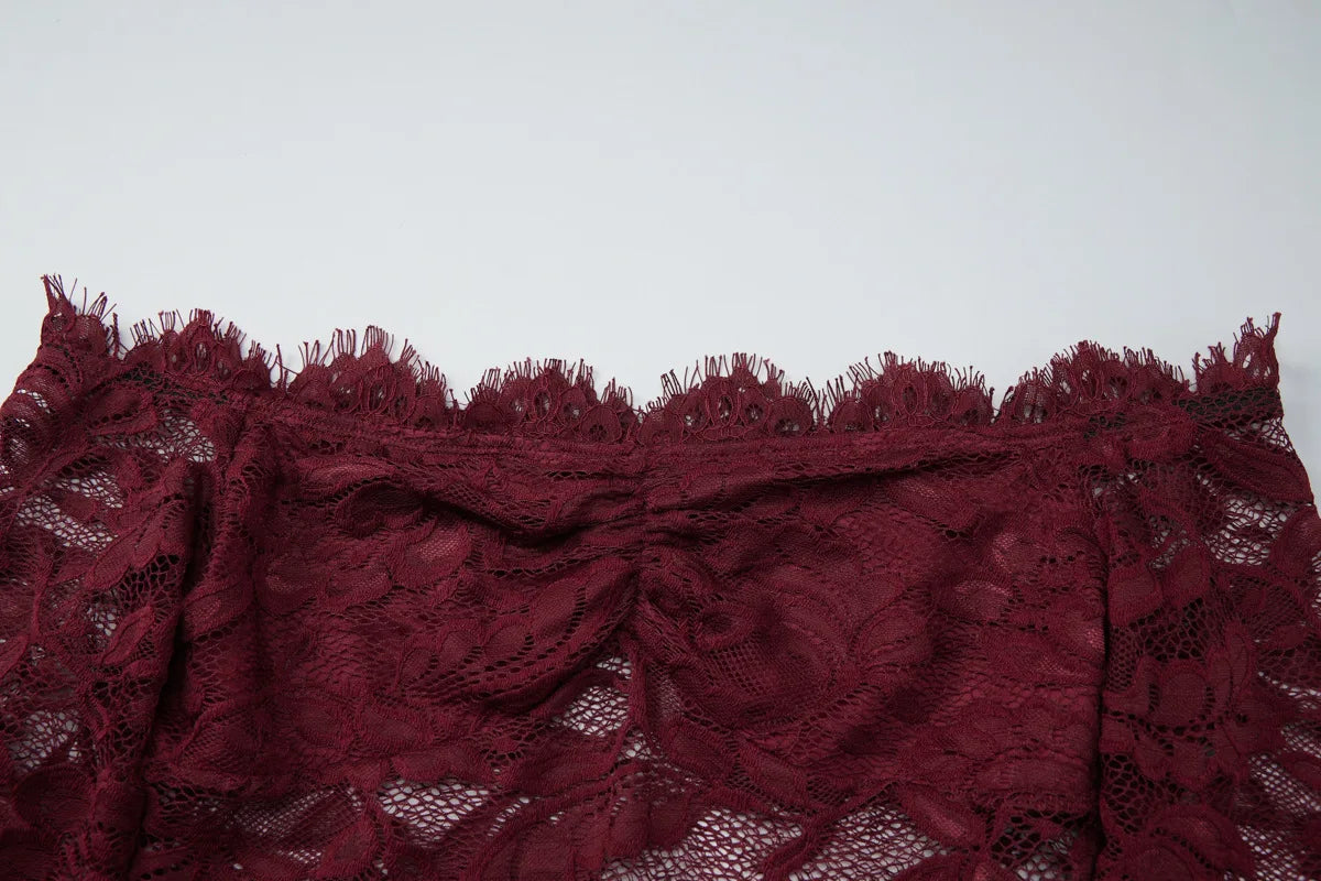 FDYOUI 2026 Spring Summer Wine Red Lace T-shirts for Women Slash Neck Slim Crop Tops Sexy Elegant See-through Short Tee Shirt