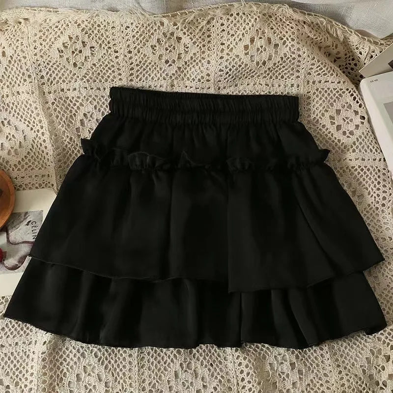 Summer Kawaii White Ruflles Skirt Women Fashion Slim Fit Mini Skirts Giris Y2k All Match Elastic High Waist Black