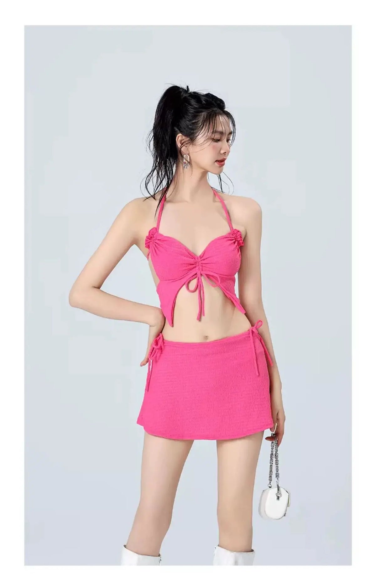 Vacation Beach Ins Rose Red Bikini Three Piece Swimsuit Women's Small Chest Internet Famous Swimsuit Butterfly Sexy Spicy Girl