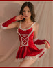 Womens Sexy Christmas Lingerie Santa Costume Velvet Mini Dress Lace Up Corset Babydoll Sleepwear with Arm Sleeves Holiday Outfit