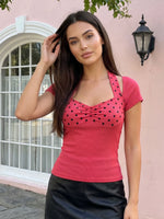 2026 Summer Women T-shirt Dot Print Short Sleeve Square Neck Halter Corset Tops Daily Casual Going Out Shirts Streetwear