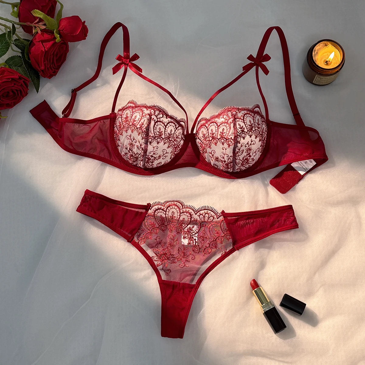 Red Floral Lace Lingerie Set Sheer Mesh Underwire Bra With Bow & Thong Women Sexy Underwear ZA824057