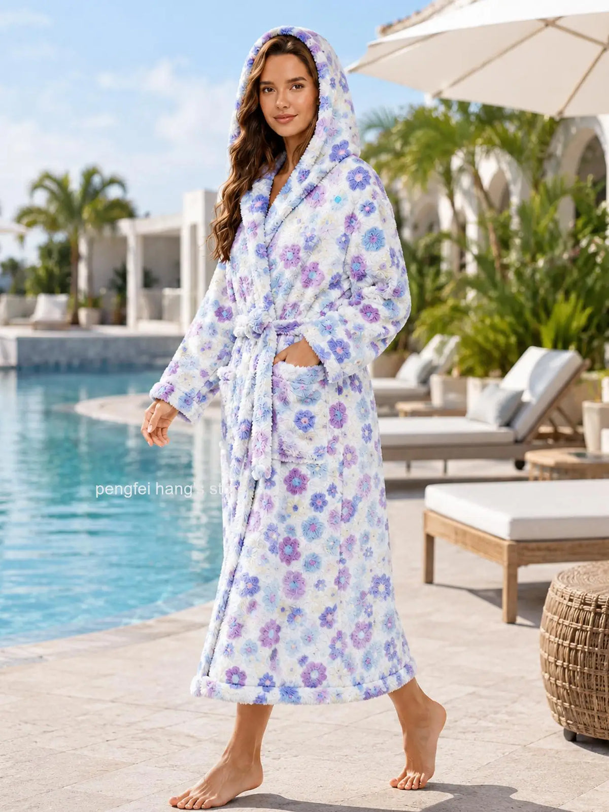 Women Floral Print Coral Fleece Hooded Bathrobe Autumn Winter Thick Warm Long Robe Soft Cozy Casual Home Sleepwear Loungewear