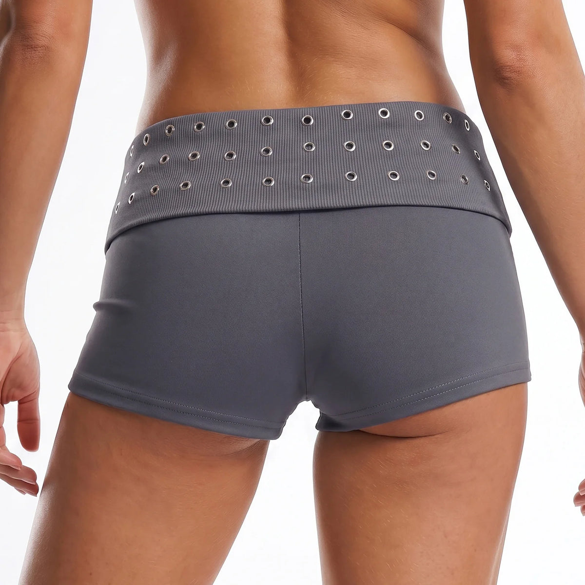 Womens Fold Over Shorts Stylish Rivet Design Low Rise Bodycon Slim Fit Summer Shorts Casual Daily Fashion Streetwear