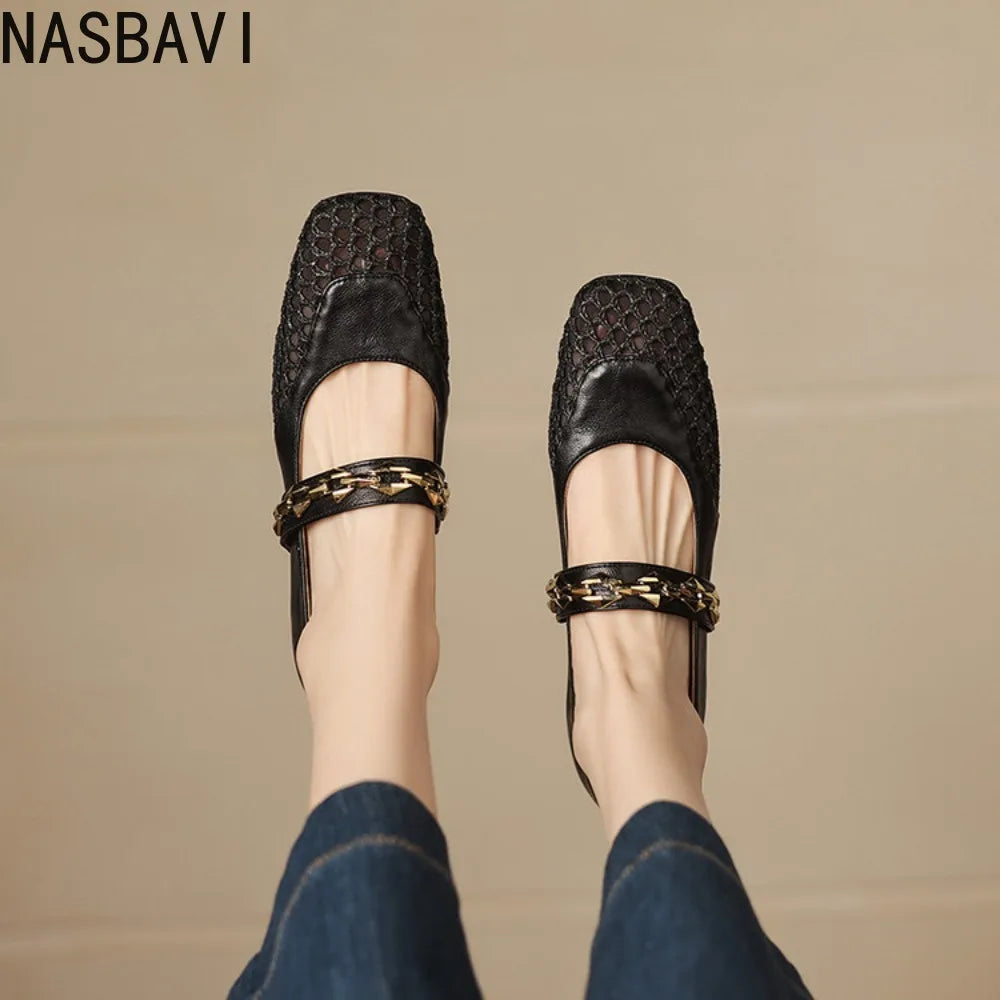 Summer Retro Style Women Mary Jane Shoes Fashion Shallow Ladies Square Soft Hollow Out Flats Sandals Shoes New 2026 Size 32-43