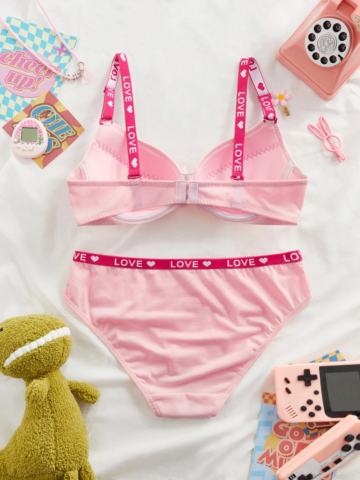 Simple Pink Women Bra Set Letter Strap Underwire Push Up Brassiere Sweet Bow Daily Wear Underwear Set