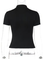 FDYOUI Fashion Stand Collar Button Hollow Out T-shirt for Women 2026 Sexy Short Sleeve Slim Cropped T Shirts Black Wine Red Tops