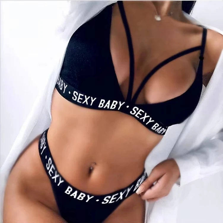 New arrival! Sexy women's lingerie set, comfortable, wireless, sheer three-piece set with letter print bikini and matching thong