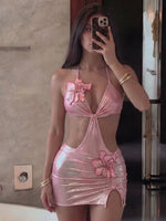 DEKA 2026 New Shiny Pink Flower One Piece Swimsuit High Cut Sleeveless Glossy Bodysuit Sexy Back Monokini Swimwear Beachwear