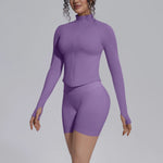 Women's Seamless Yoga Sets Sports Fitness Gym Zipper Long-Sleeve Jacket Hip Lift High-Waist Shorts Suits Workout Training Sets