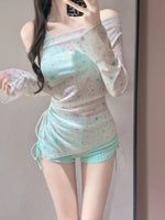 Long Sleeved Sun Protection Star Print Cover Up 3 Piece Bikini Set Swimwear Women Drawstring Side Holiday High Waist Swimsuit