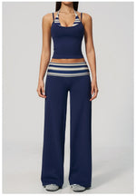 Women's 2 Piece Yoga Set Halter Neck Crop Top Fold Over Waist Wide Legged Flare Trousers Polka Dot Striped Gym Workout Running