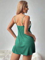 Nightgowns Sexy Solid Slip Nightdress, Contrast Lace Trim V Neck Side Split Sleep Mini Dress for Women's Sleepwear & Dresses