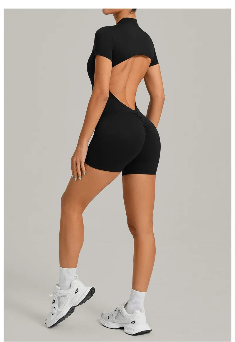 Women's Seamless Yoga Jumpsuits Sports Fitness Beauty Back Slim Fit Short-Sleeves One-Piece Workout Gym Training Bodysuits